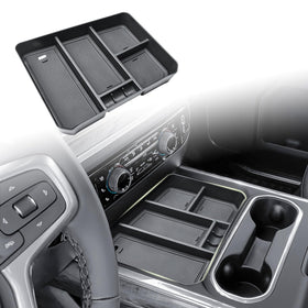 HGWEI front view console organizer showing tidy two-tier storage and easy reach benefit