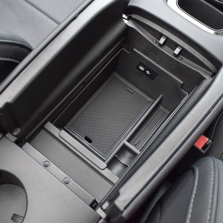 HGWEI front view of console tray showing organized storage benefit