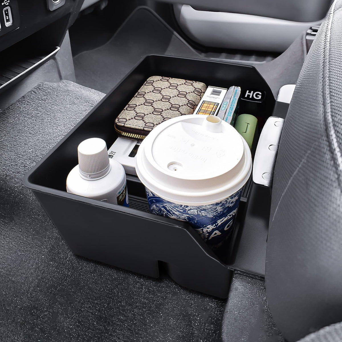 HGWEI front view of underseat organizer showing clean OEM-like fit and added storage