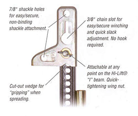 Hi-Lift X-TREME top clamp close-up showing shackle holes and chain slot for secure winching