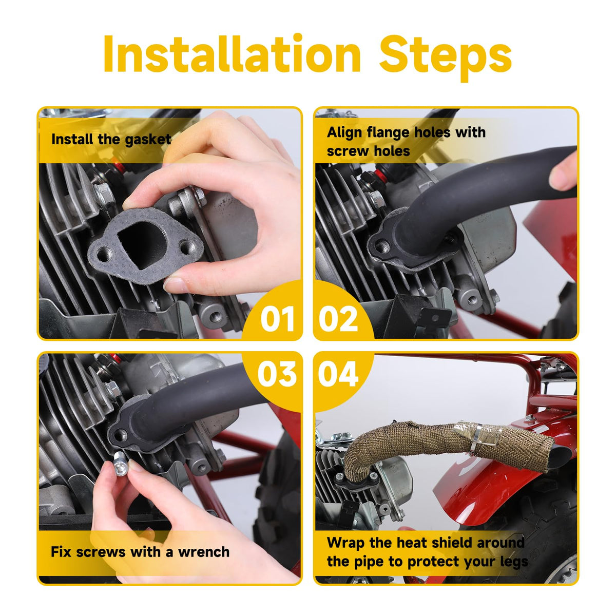 HIAORS pipe installed on a mini bike engine demonstrating bolt-on fit