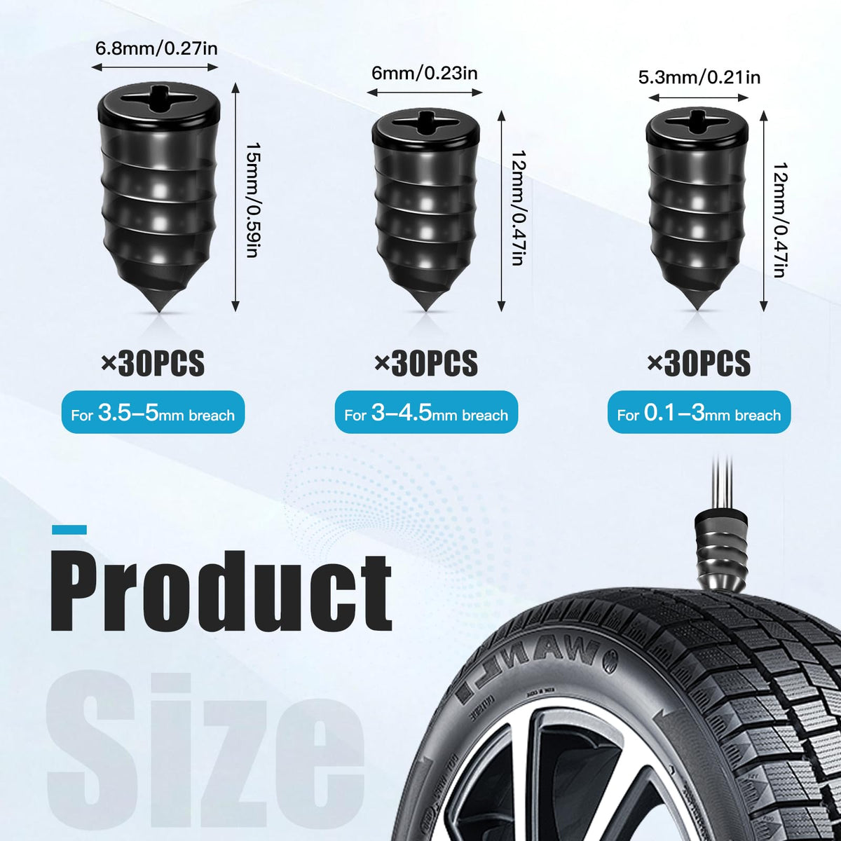 Hiber Sea close-up of three plug sizes showing options for various puncture diameters