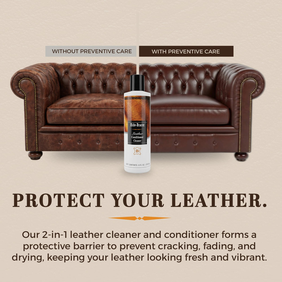 Hide-Bracer treating car seat indicating leather care and reduced wear from use