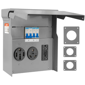 HIEHO panel front view showing three receptacles and durable enclosure benefit