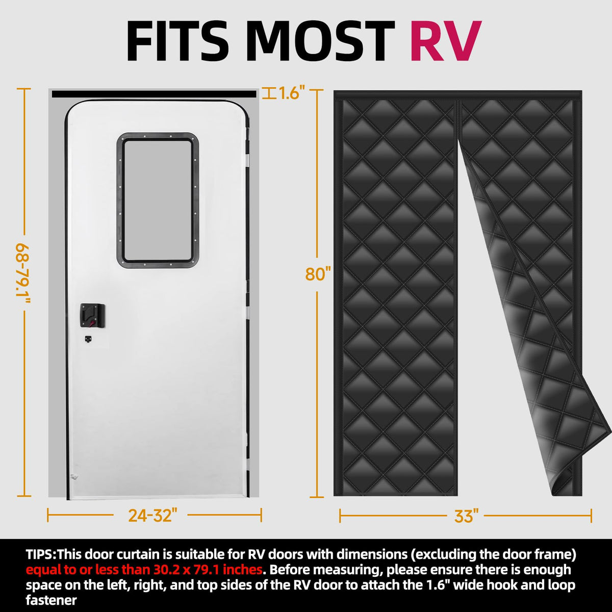 Hifor curtain beside measuring tape showing 33 by 80 inch size for fit assurance