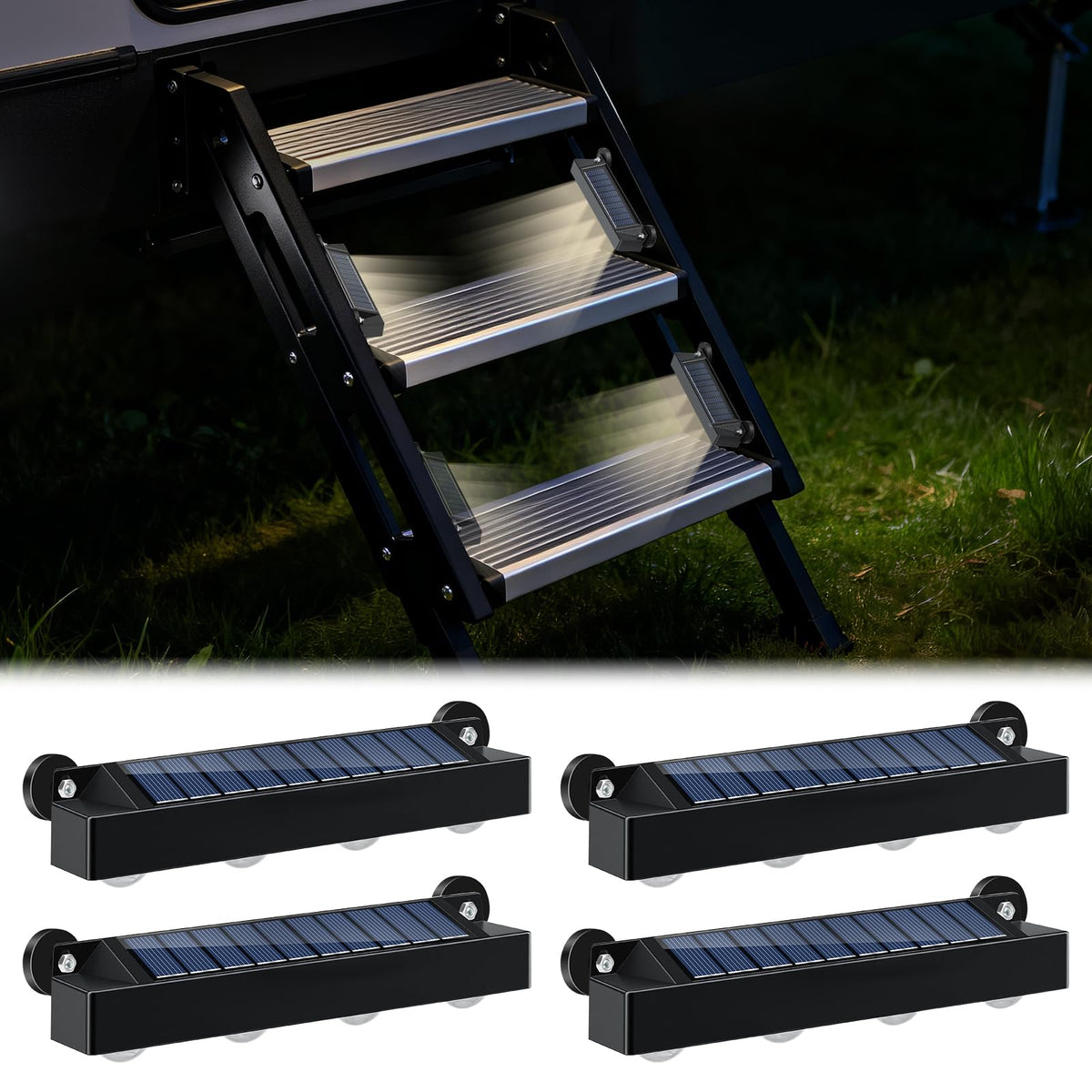 Hifor front view of four-pack box showing compact outdoor lights and benefits