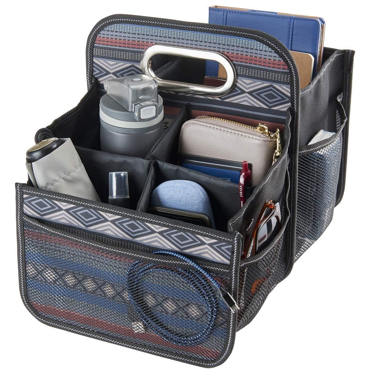 High Road car caddy front view showing organized compartments and cup holders for neat storage