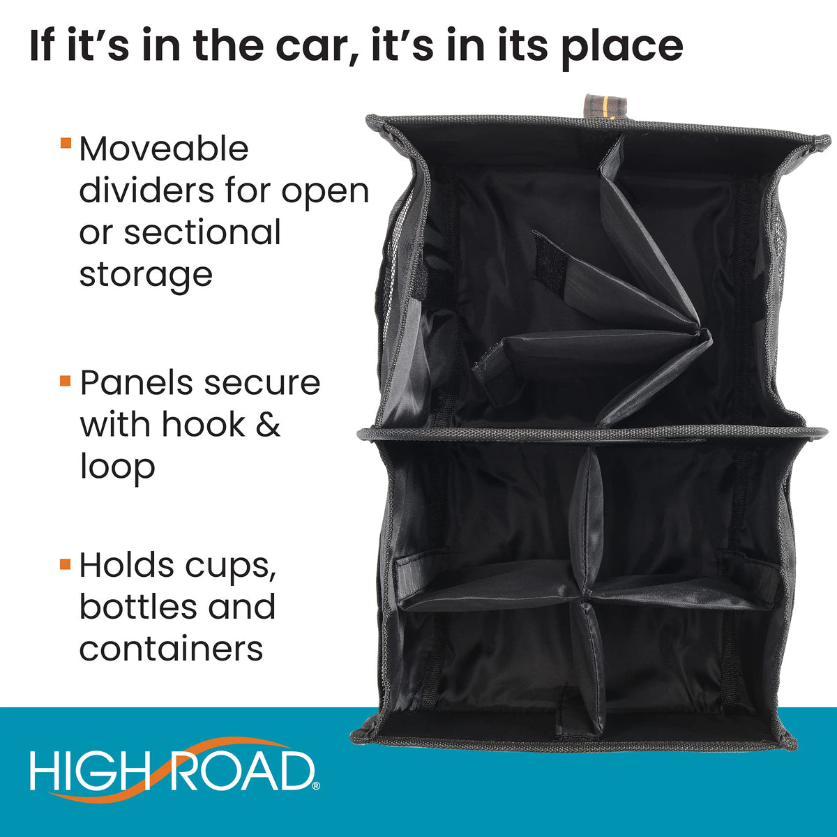 High Road car caddy installed on front seat secured with strap to prevent sliding in transit