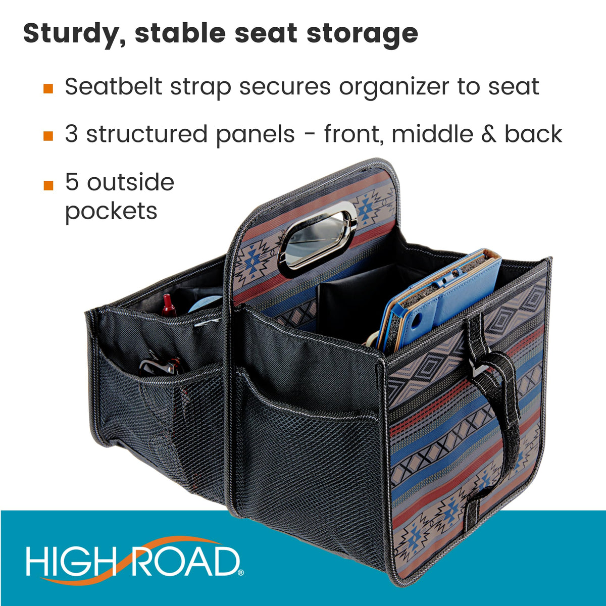 High Road car caddy mesh pocket detail storing small items with visible quick-access benefit
