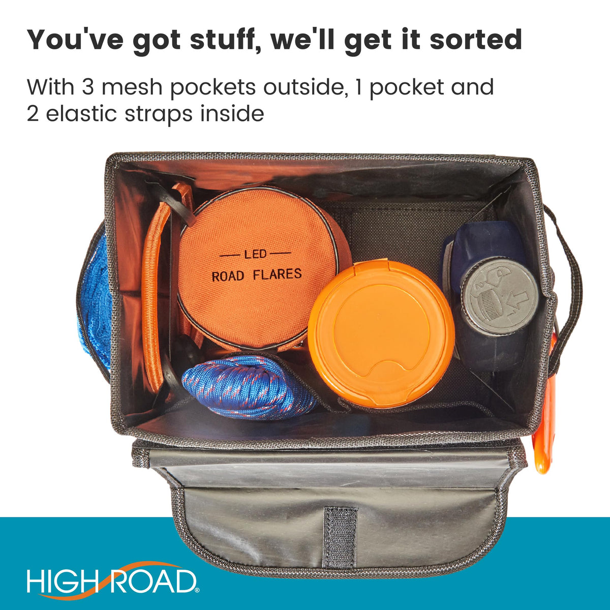 High Road Carganizer set in a trunk organizing road trip essentials efficiently