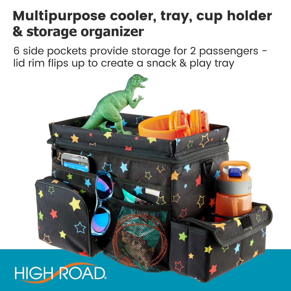 High Road CarHop lid open as snack tray offering stable surface