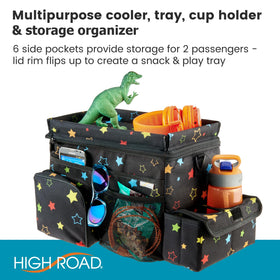 High Road CarHop lid open as snack tray offering stable surface