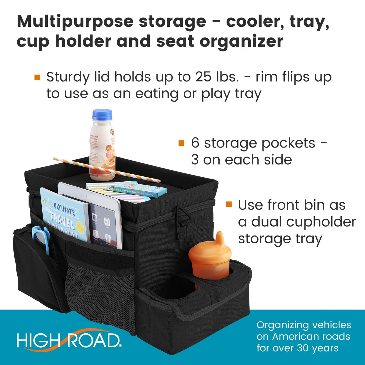 High Road CarHop open lid as snack tray with cup holder convenience