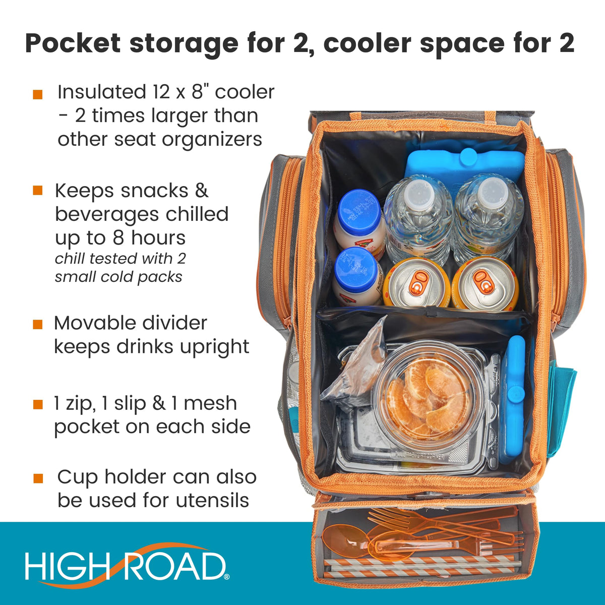 High Road CarHop side pockets and cup holder holding drinks and supplies