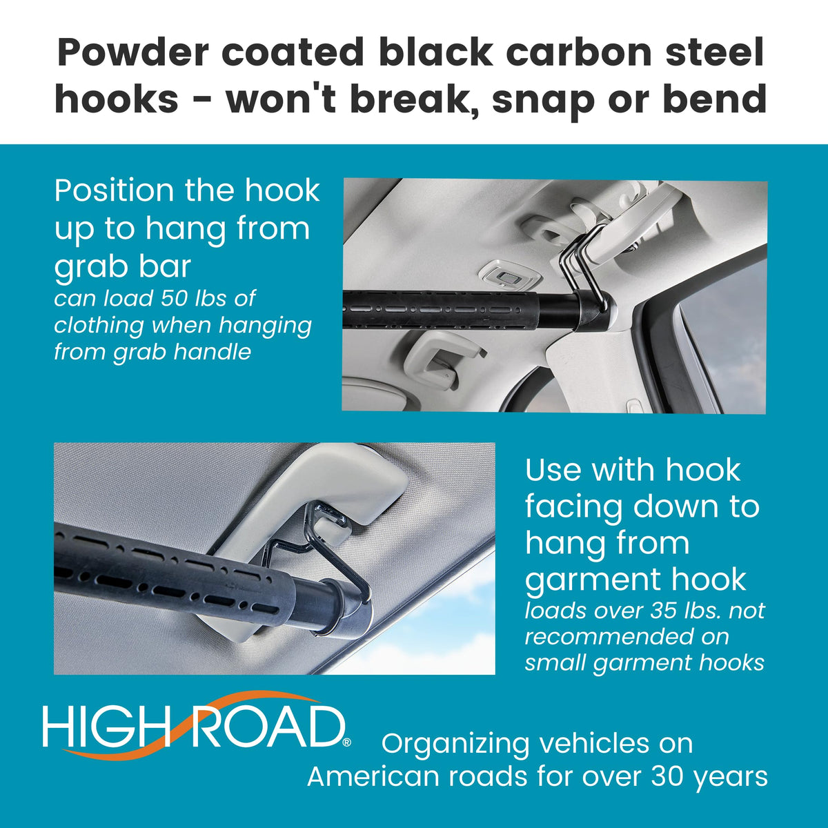 High Road rod extended in a car interior holding suits without sagging
