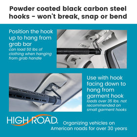 High Road rod extended in a car interior holding suits without sagging