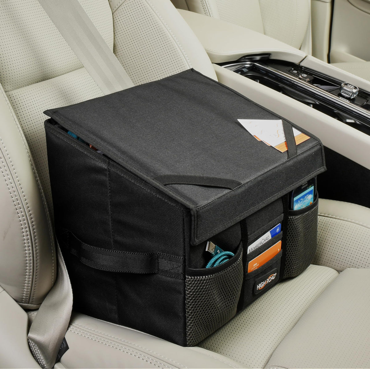 High Road front seat organizer showing overall storage and easy access benefit