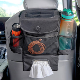 High Road front view seatback organizer showing pockets and benefits of tidy storage