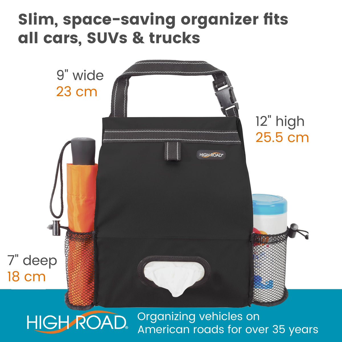 High Road in‑car lifestyle with family demonstrating clutter reduction benefit