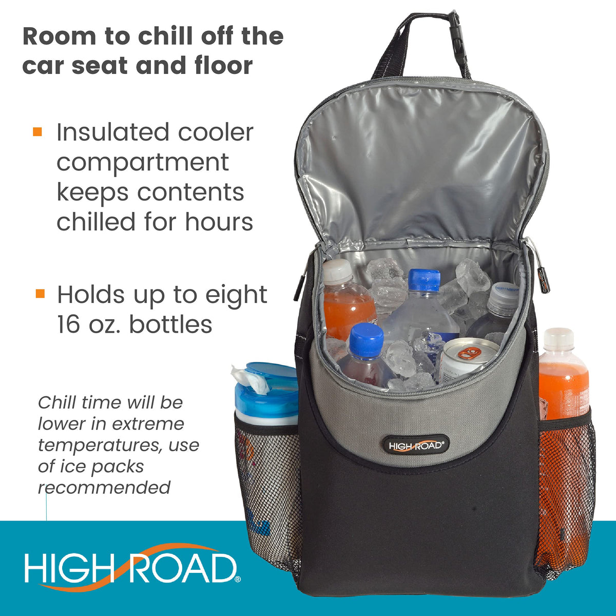 High Road side mesh pockets holding bottles and snacks for quick access