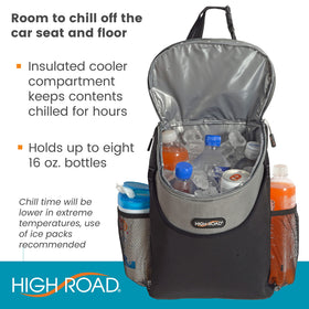 High Road side mesh pockets holding bottles and snacks for quick access