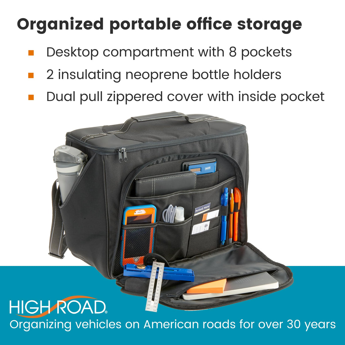 High Road close-up of front desk pocket showing card slots and pen loops for easy organization