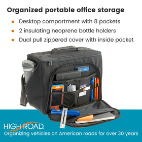 High Road close-up of front desk pocket showing card slots and pen loops for easy organization