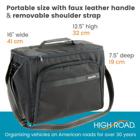 High Road organizer installed on a car seat showing tidy workspace and easy access while traveling