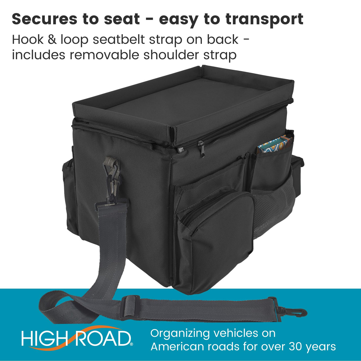 High Road shoulder strap carrying the organizer for easy transport and events