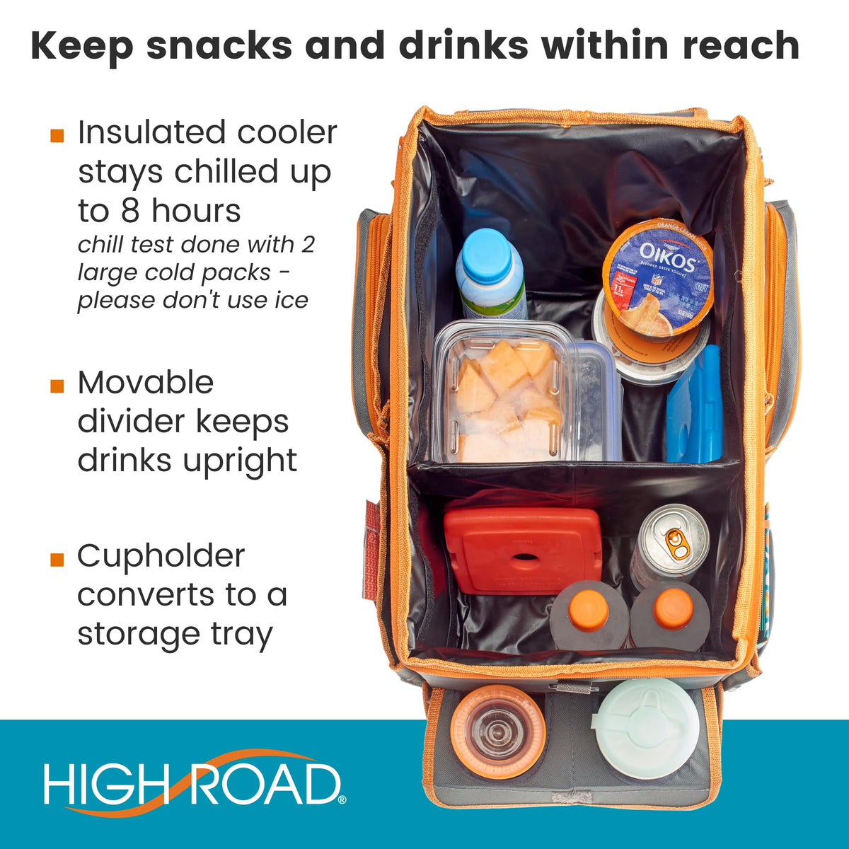 high road side pocket detail holding phone and charger for organized storage