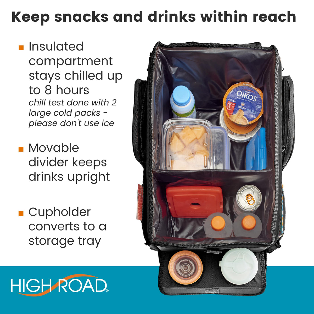 High Road side pocket storage holding bottles and cables for organized trips
