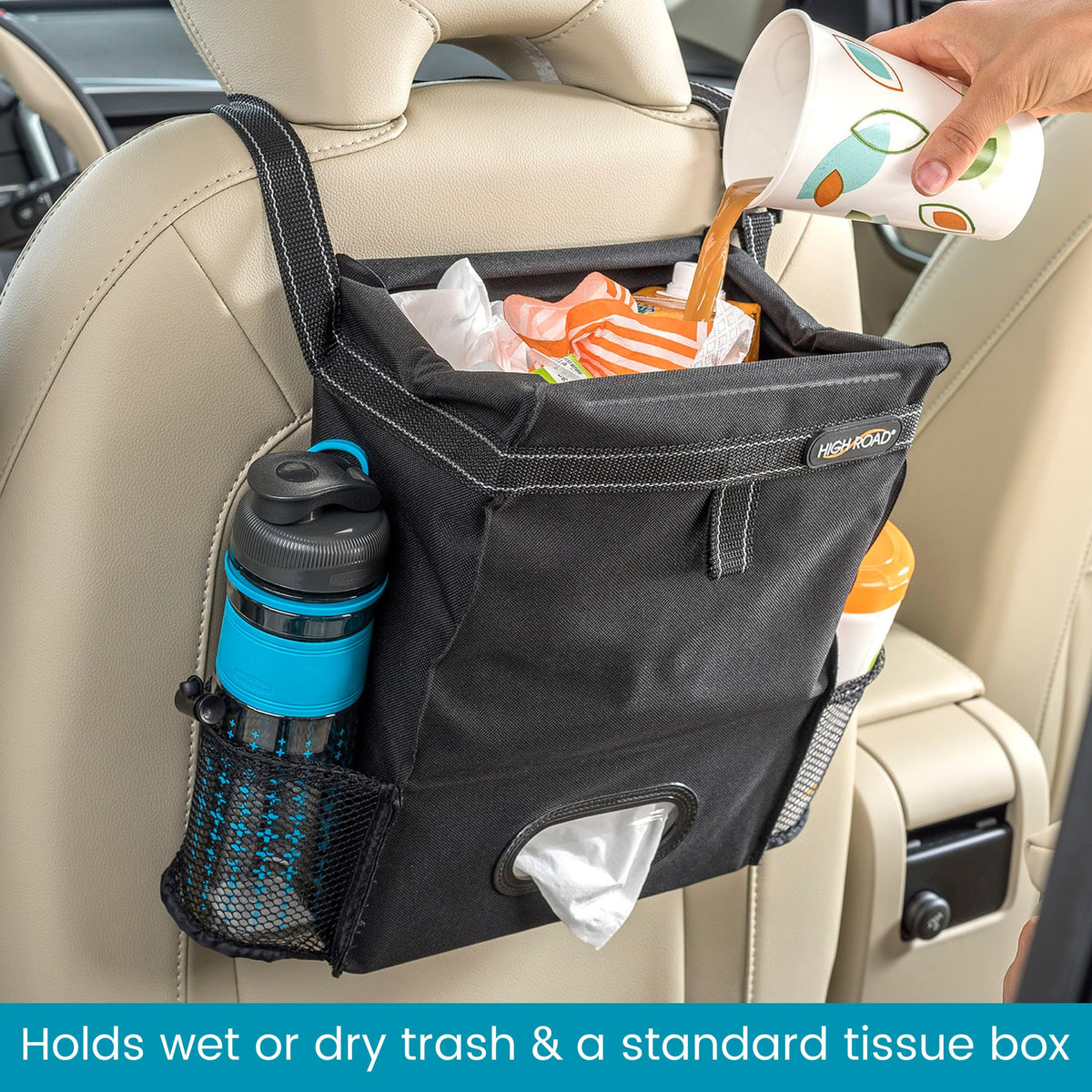 High Road tissue box compartment holding a full‑size tissue box upright