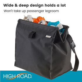 High Road TrashStash hanging from backseat headrest keeping floor clear and preserving legroom