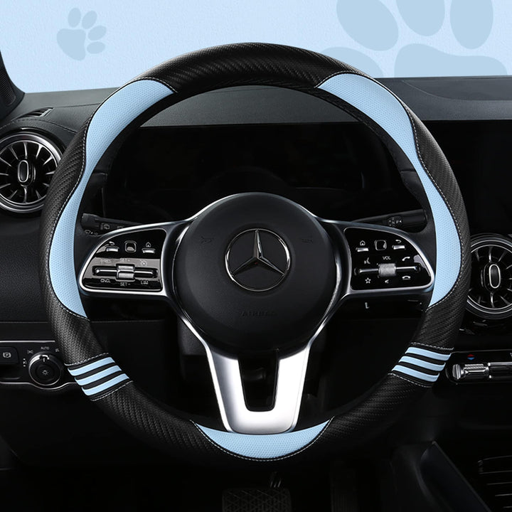 HighnessHwoo front view of blue cat steering cover showing full design benefit personalization