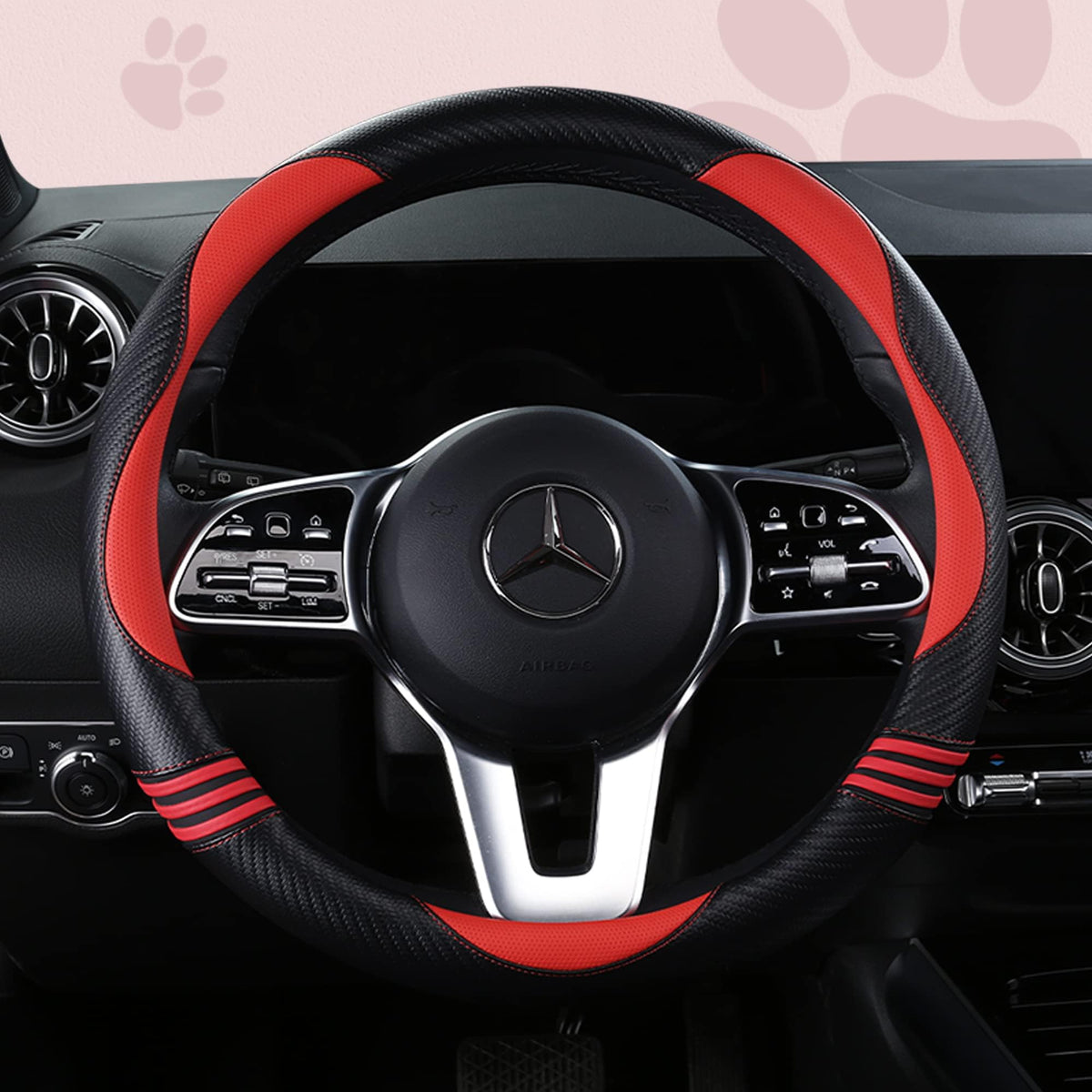 HighnessHwoo front view of steering wheel cover showing cute cat design and red color benefit comfort