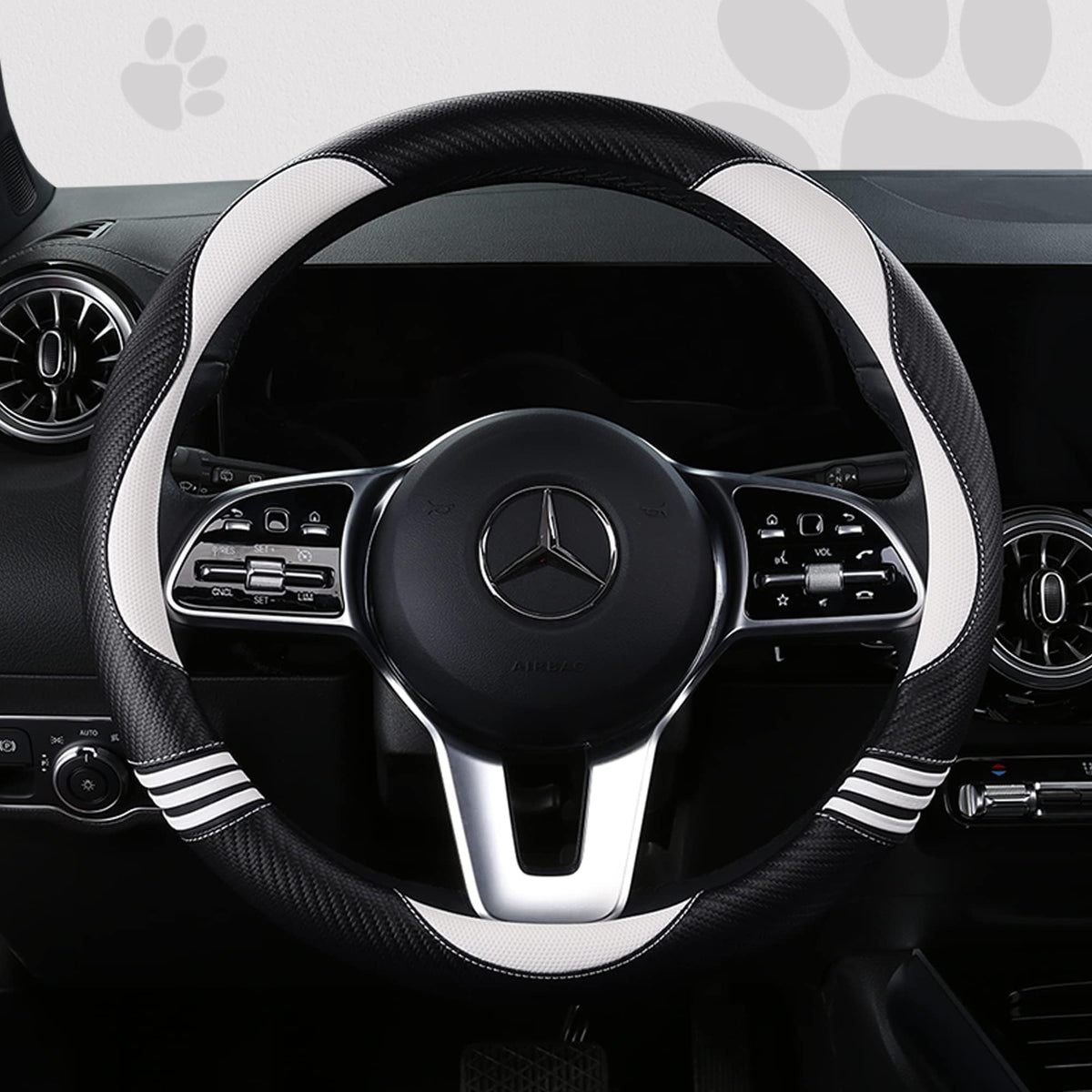HighnessHwoo front view of white cat steering cover showing cute design and snug fit