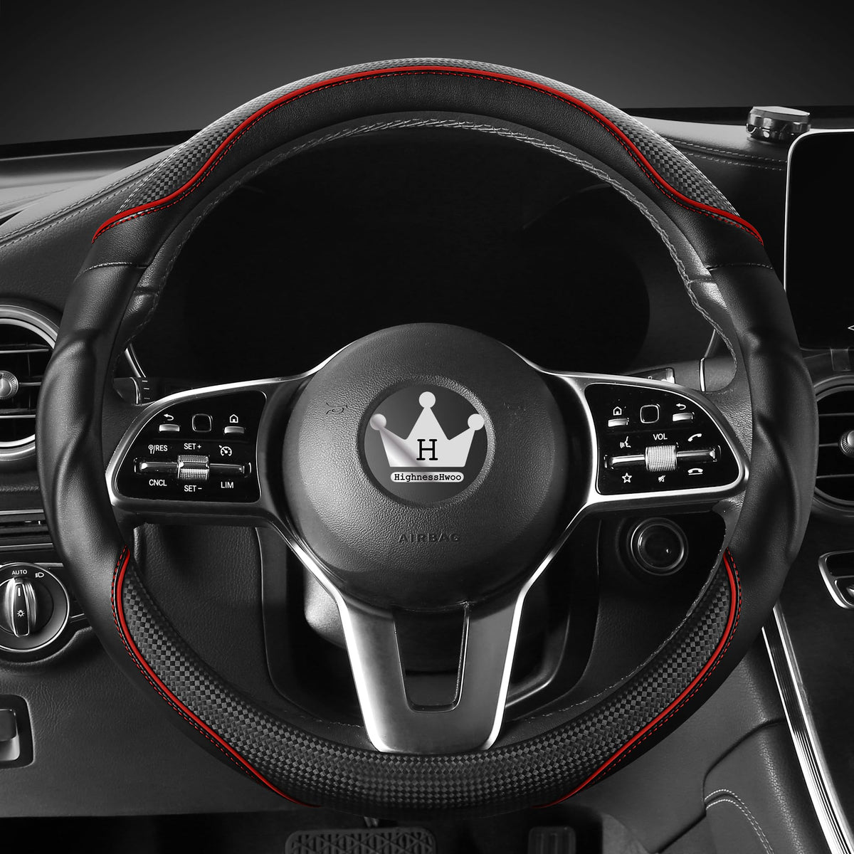 HighnessHwoo front view steering wheel cover showing sporty red accent and snug fit