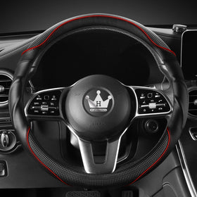 HighnessHwoo front view steering wheel cover showing sporty red accent and snug fit