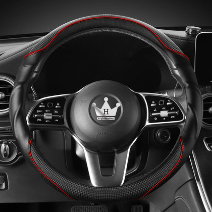 HighnessHwoo front view steering wheel cover showing sporty red accent and snug fit