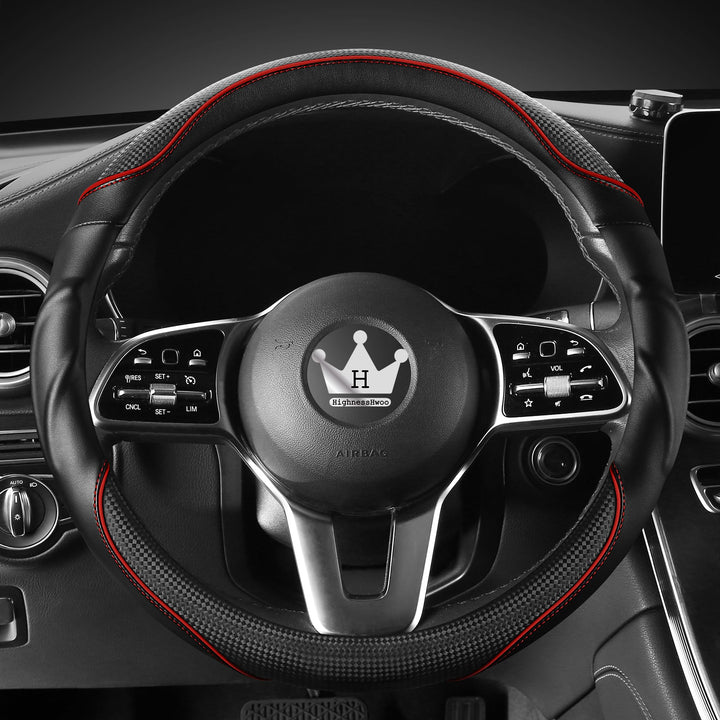 HighnessHwoo front view steering wheel cover showing sporty red accent and snug fit