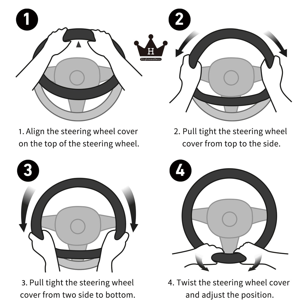 HighnessHwoo step-by-step installation image illustrating easy stretch-on fit for users