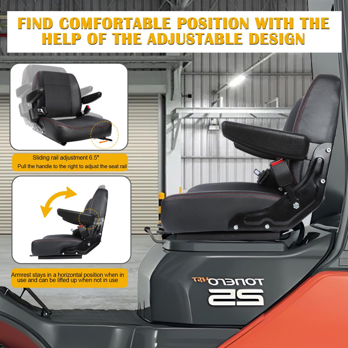 hightall seat installed in forklift providing ergonomic protection