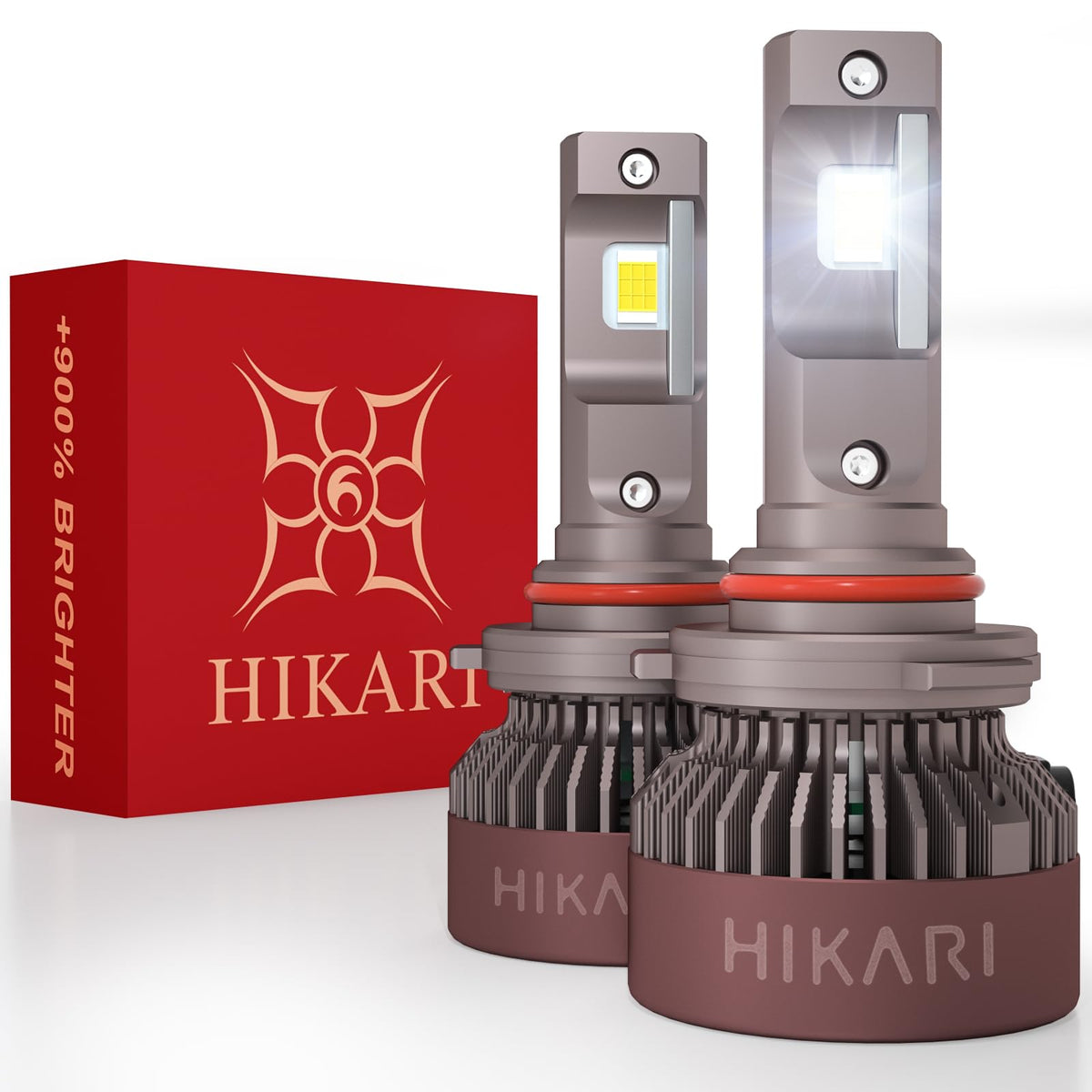 HIKARI WINGS front view of 9005 foglight bulb showing plug-and-play connector and housing benefits