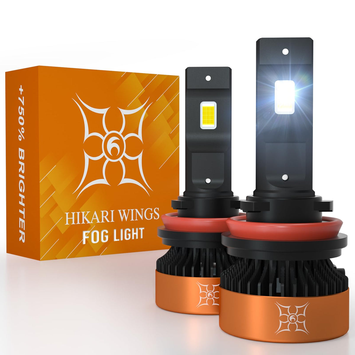 HIKARI WINGS front view of H11 fog light pack showing bulbs and connectors for fast fit
