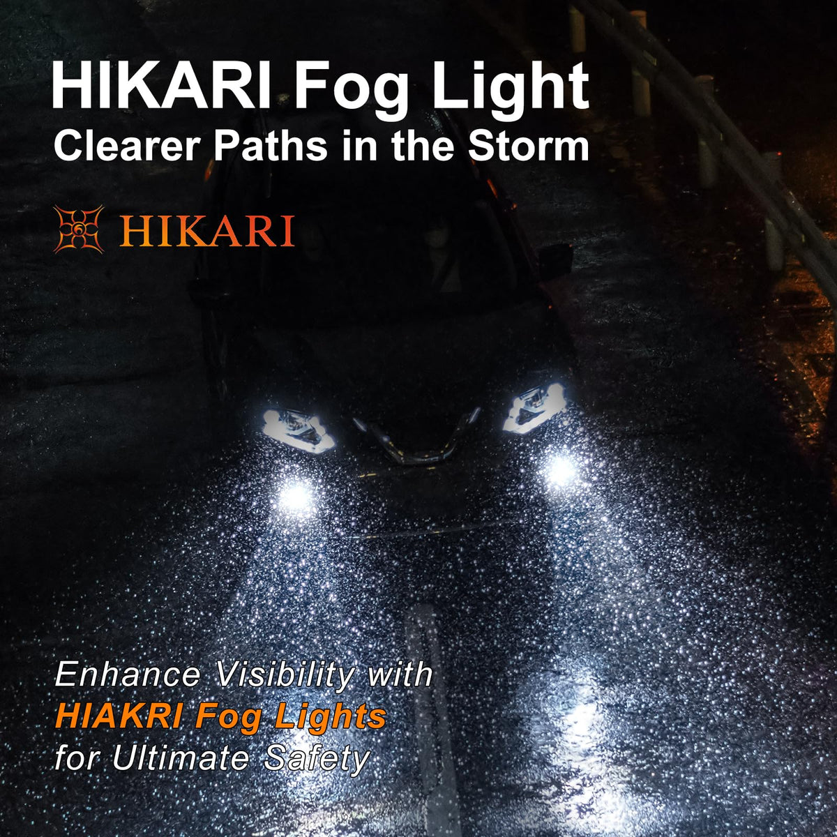 HIKARI WINGS night drive view showing clean 6000K beam cutting through mist