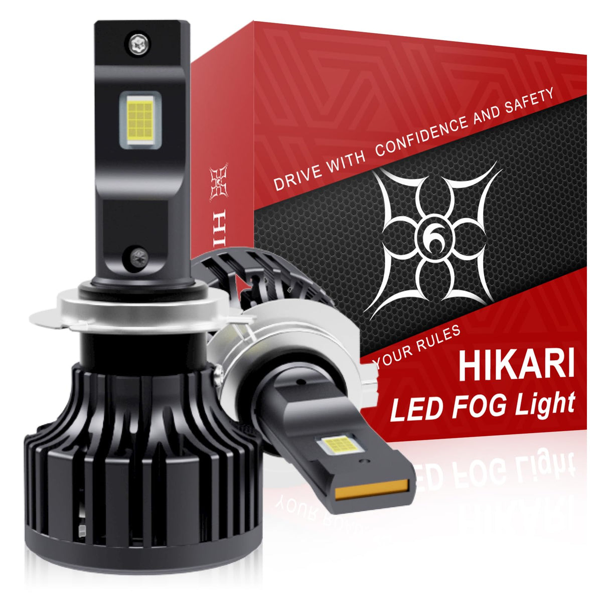 HIKARI WINGS front view of H7 LED bulbs showing plug-and-play connector and metal housing for easy upgrade