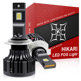 HIKARI WINGS front view of H7 LED bulbs showing plug-and-play connector and metal housing for easy upgrade