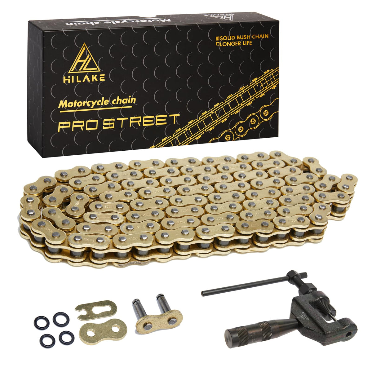 HILAKE front packaging showing full 520 chain kit and clear contents benefit