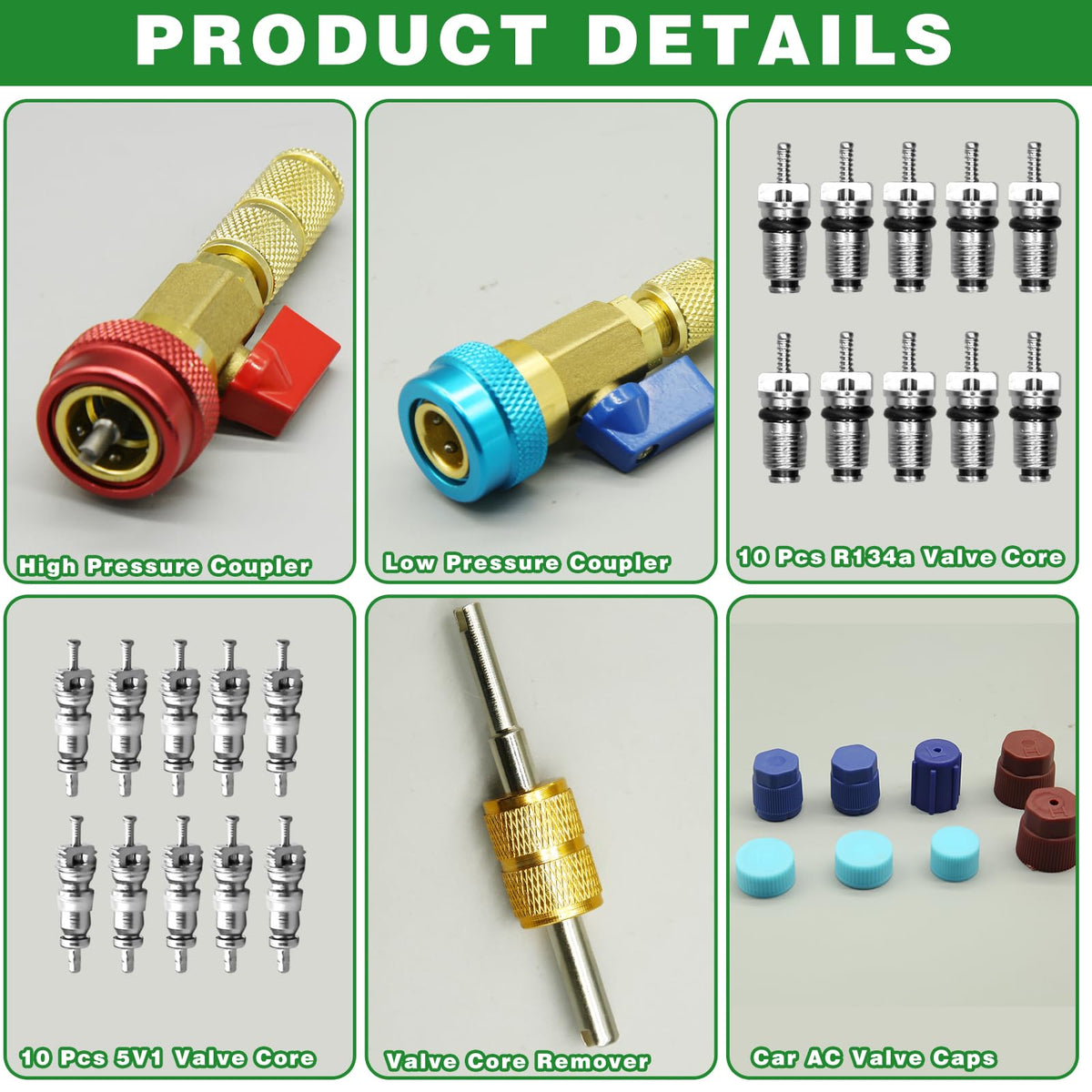 HINGTAI assortment of R134A and 5V1 valve cores displayed to ensure compatibility