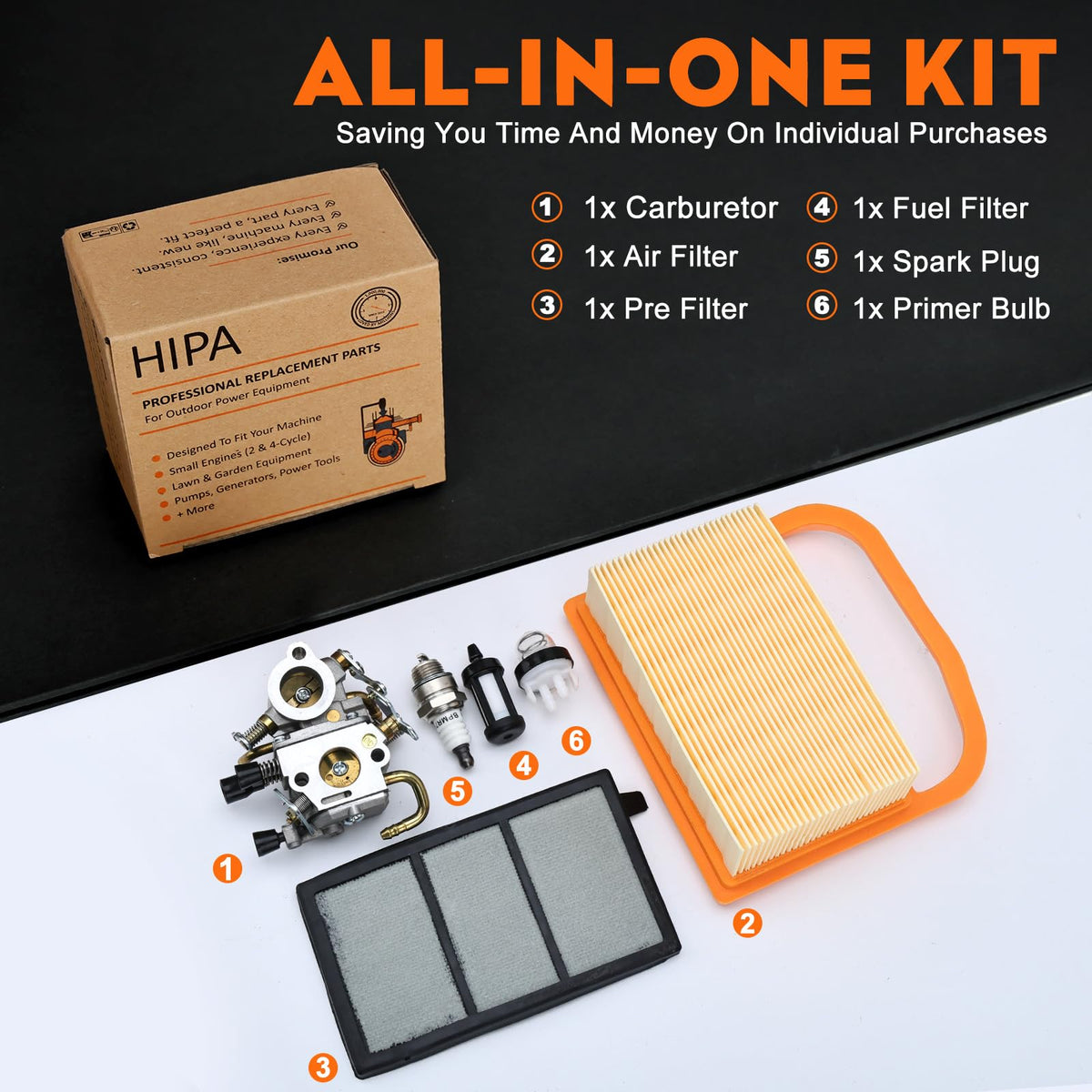 HIPA kit parts laid out including filters, plug and primer for quick service